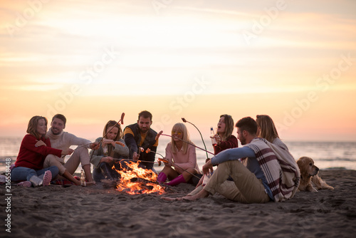 Group Of Young Friends Sitting By The Fire at beach