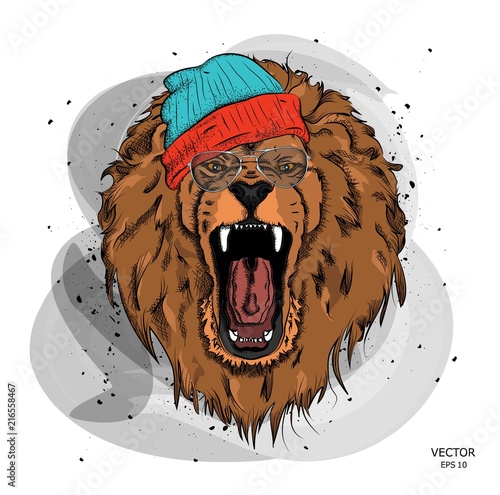 Fototapeta Naklejka Na Ścianę i Meble -  A hipster lion in headphones and  in cap on a background of blots. Vector illustration