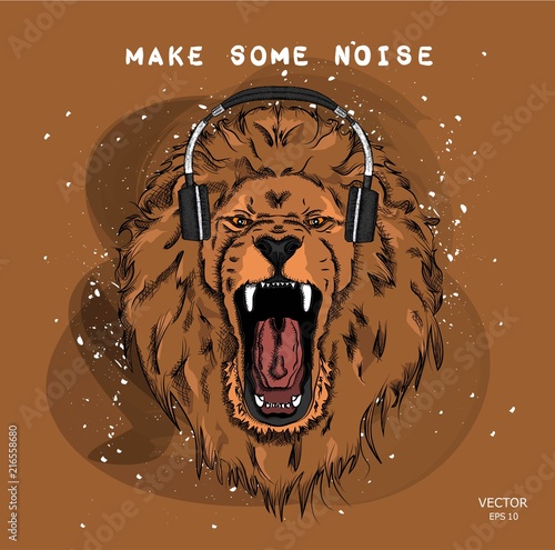 Fototapeta Naklejka Na Ścianę i Meble -  A hipster lion in headphones on a background of blots. Vector illustration