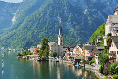Picture-postcard view of famous Hallstatt mountain village in the Austrian Alps. Hallstatt  Austria. Neutral colors.