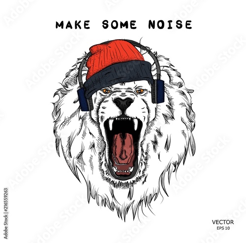 Fototapeta Naklejka Na Ścianę i Meble -  A hipster lion in headphones and  in cap on a background of blots. Vector illustration