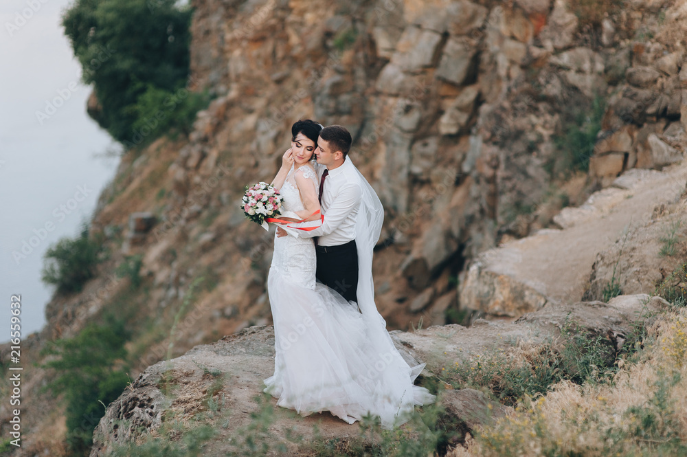 Beautiful newlyweds hug on a large stone against the backdrop of mountains and cliffs. Wedding portrait of a stylish bride and a young bride with a long veil.