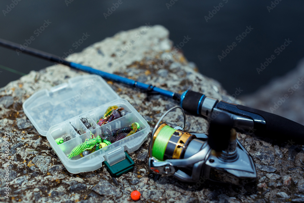 Fishing tackle. fishing spinning, hooks and lures Fishing tackle. fishing spinning, hooks and lures