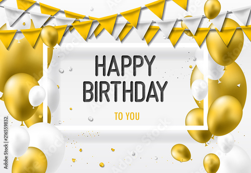 Canvas Print Happy Birthday Greeting Card with golden white balloons and happy birthday