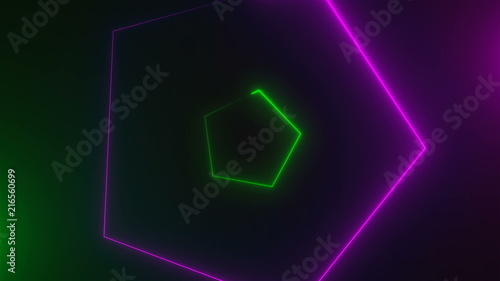 Many neon triangles in space, abstract computer generated backdrop, 3D rendering backdround © turbomotion046