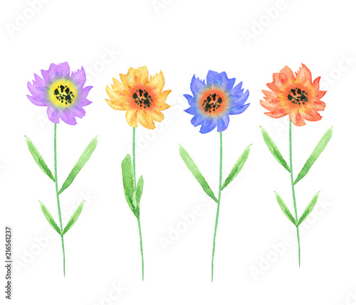 set of watercolor drawings of flowers yellow, blue, pink on white background