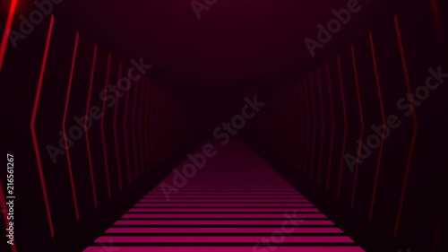Tunnel with neon light in space, abstract computer generated backdrop, 3D rendering backdround