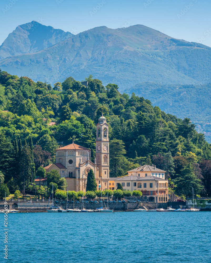 Scenic view in Tremezzo, with San Lorenzo Church overlooking Lake Como. Lombardy, Italy.