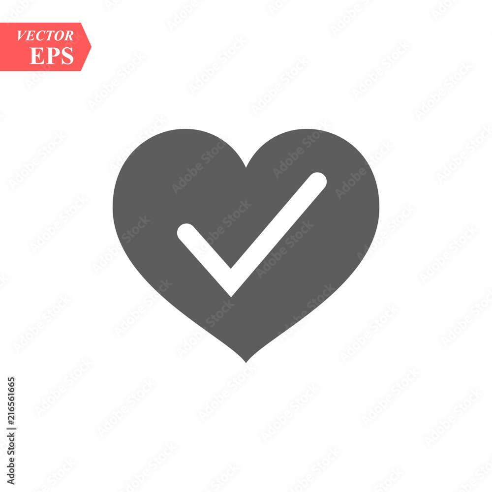 Heart with Yes check mark. Vector illustration. Gray heart with check mark on light background. Heart with Yes check mark. Vector illustration. Gray heart with check mark on light background.