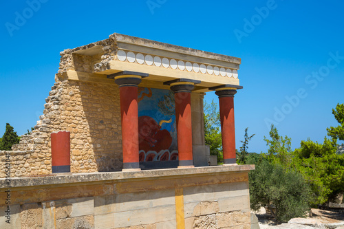 Greece, Crete, Heraklion - July 18, 2018: Knossos ruins, ceremonial and political centre of the tsar Minos. Archaeological site connected with legends of Daedalus, Minotaur, Ariadne and Icarus