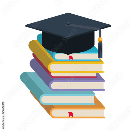 hat graduation with pile books vector illustration design