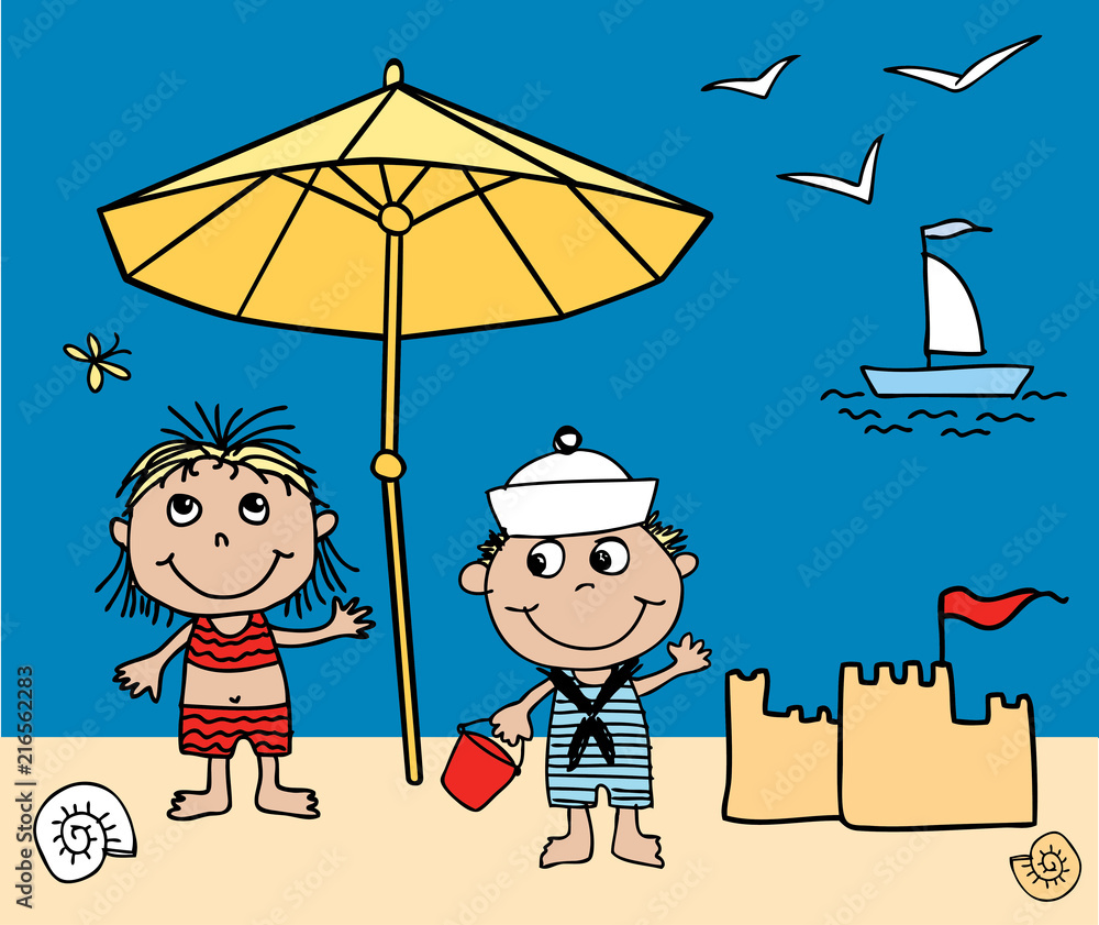 Fototapeta premium Vector image of cheerful children on beach rest