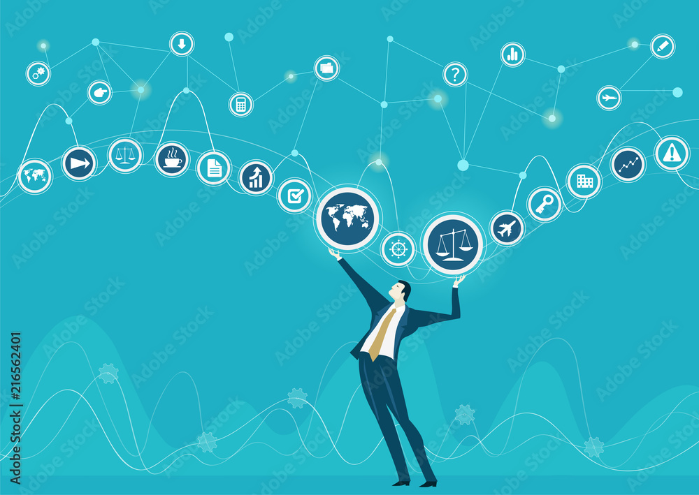Businessman rolling up the communication icons. Business network, development, support and working together concept illustration Businessman rolling up the communication icons. Business network, development, support and working together concept illustration