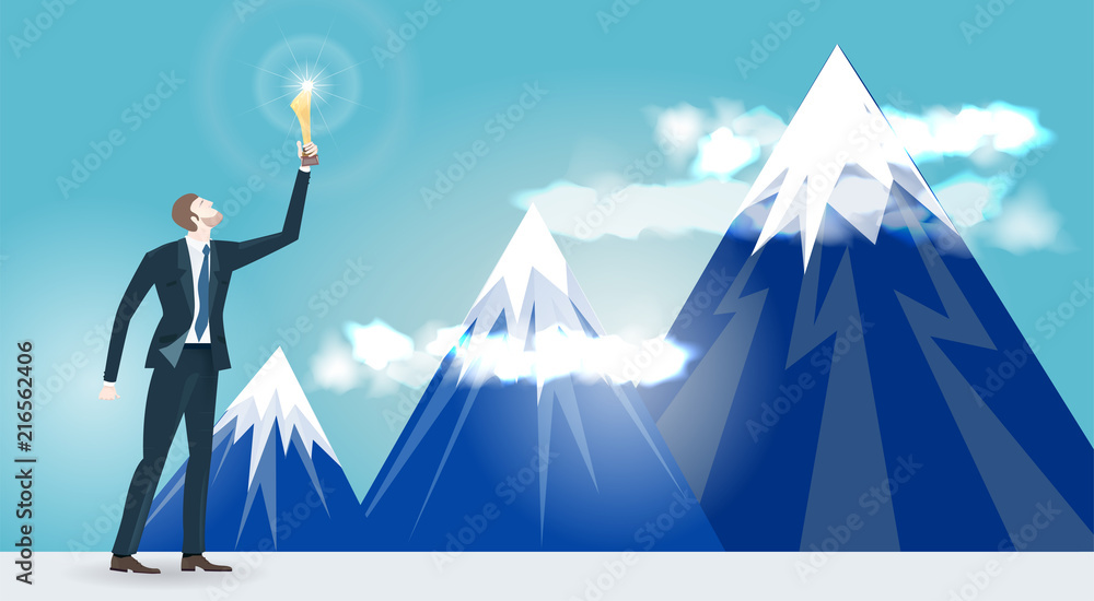 Businessman holding up the golden trophy in front of mountains. Winning, leading and success theme illustration. Business concept collection.