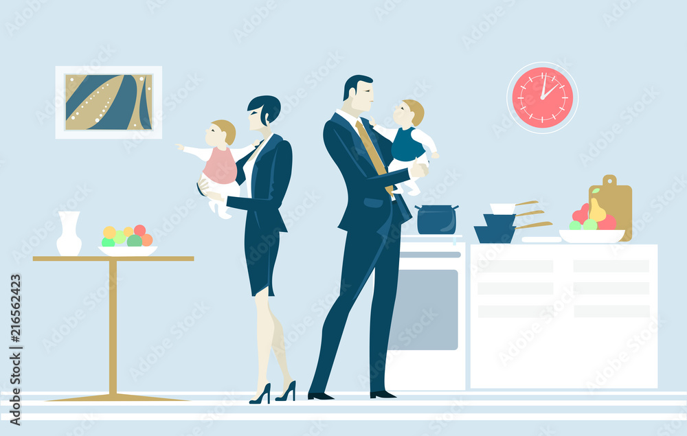 Young family of successful of business people sharing the duty on the kitchen. Man and woman equally looking after the kids and sharing responsibility. 
