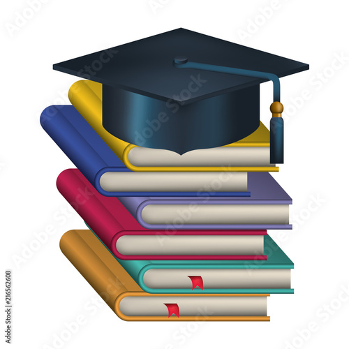 hat graduation with pile books vector illustration design
