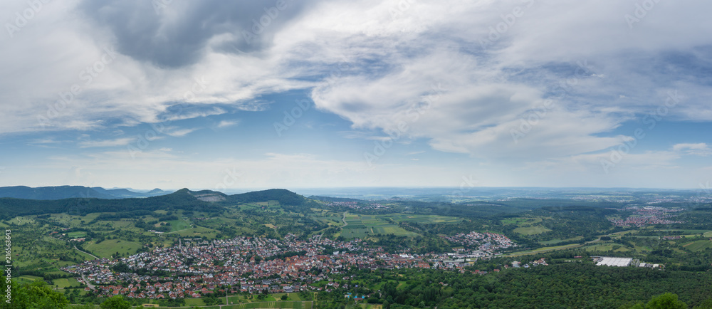 Germany, XXL panorama of swabian alb nature landscape on Hohenneuffen in region Stuttgart