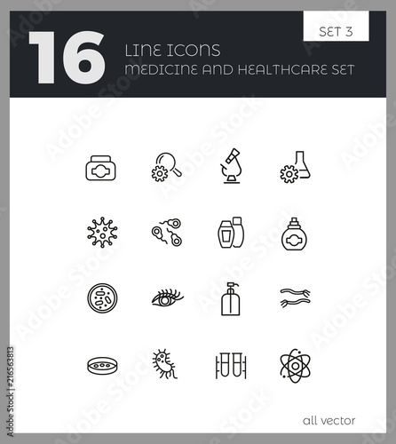 Medicine and healthcare icons. Set of  line icons. Bacteria, corrosion, microscope. Science concept. Vector illustration can be used for topics like microbiology, research, pharmaceutics