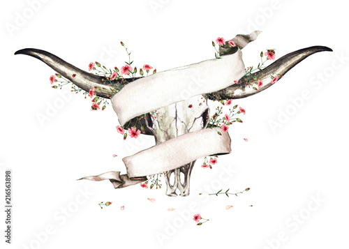 Animal Skull with Flowers. Watercolor Illustration.