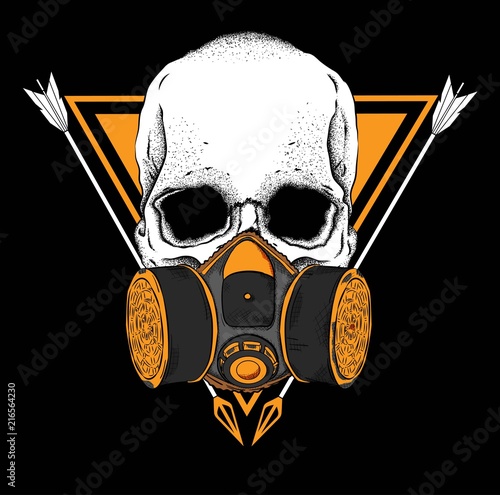 Portrait of a skull in a respirator, in the background of a triangle.Can be used for printing on T-shirts, flyers, etc. Vector illustration.