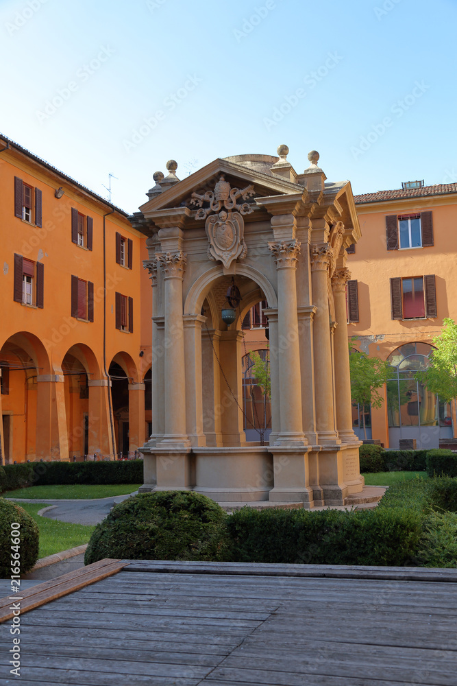 BOLOGNA, ITALY - JULY 20, 2018: Architectural details of Palazzo Comunale
