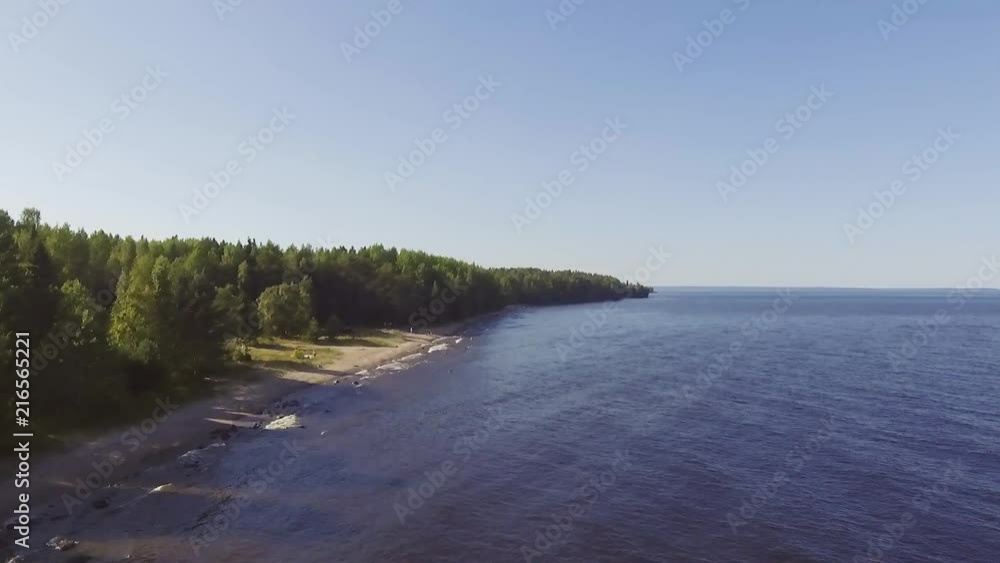 Flying up and forward on wild lake beach, aerial view Flying up and forward on wild lake beach, aerial view