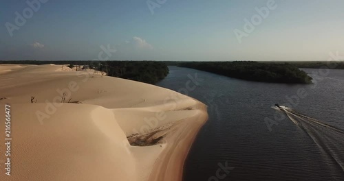 Aerial view from the river, dunes, beach in Lencois Maranhenses Brazil