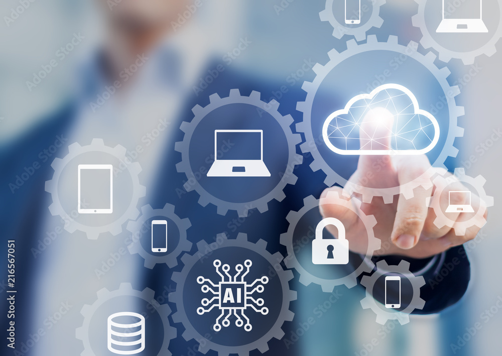 © NicoElNino - Cloud computing information technology concept, data processing and storage platform connected to internet network, specialist engineering system © NicoElNino - Cloud computing information technology concept, data processing and storage platform connected to internet network, specialist engineering system