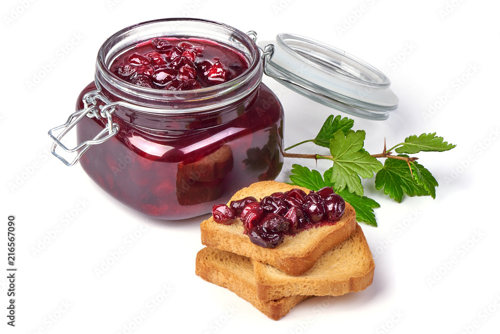 Gooseberry jam with fresh berries and crispy toasters, isolated on white background. Gooseberry jam with fresh berries and crispy toasters, isolated on white background.