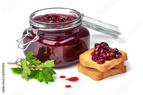 Gooseberry jam with fresh berries and crispy toasters, isolated on white background.