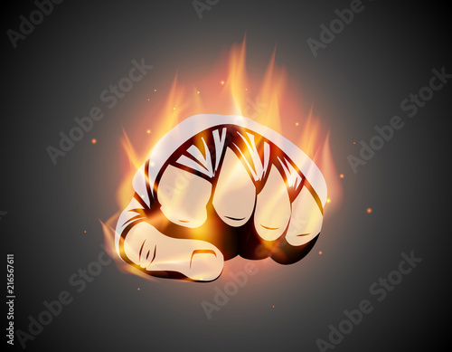 MMA or boxing burning bandage fist. Mixed martial arts fighting flame hand emblem or logo idea. Vector athletic symbol with fire