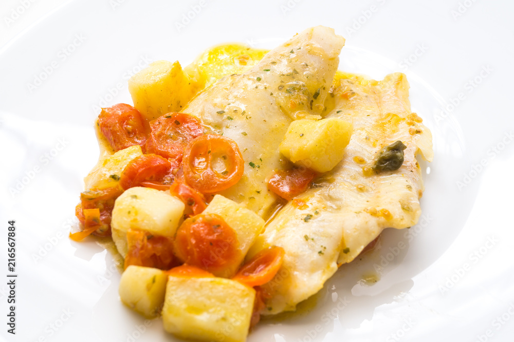 fish dish, cod with tomato, potatoes and capers, cooked in a pan. fish dish, cod with tomato, potatoes and capers, cooked in a pan.