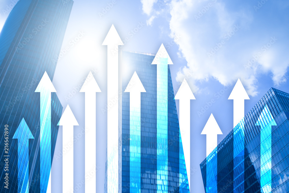 Up arrow graph on skyscraper background. Invesment and financial growth concept. Up arrow graph on skyscraper background. Invesment and financial growth concept.
