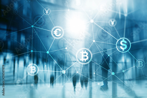 Double exposure Bitcoin and blockchain concept. Digital economy and currency trading.