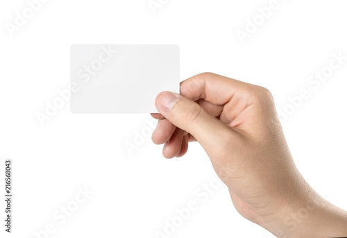Male hand holding a blank card or a ticket/flyer, isolated on white background