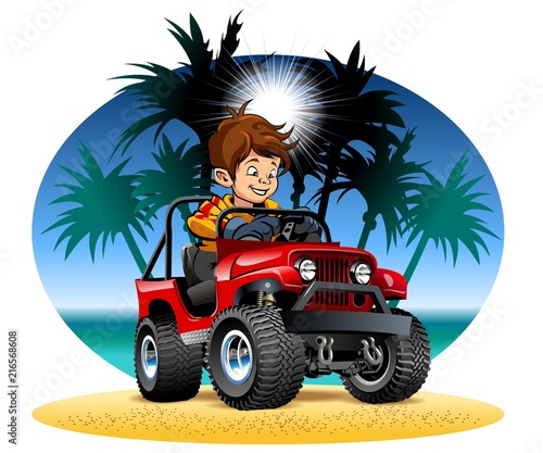 Vector cartoon boy driving 4x4 car on the beach