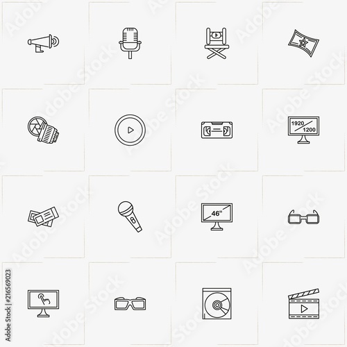 Cinema line icon set with compact disk, camera lens  and cinema spectacle