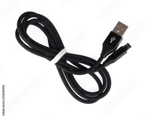 Photography Black USB cable for smartphone isolated on white background.
