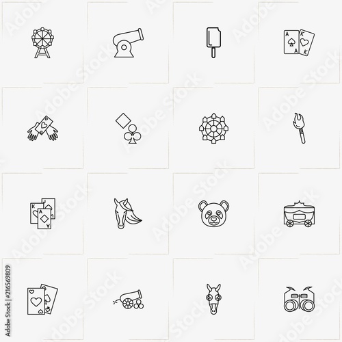 Circus line icon set with cannon , panda and game cards