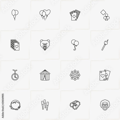 Circus line icon set with balloons, gymnastic mace and clown