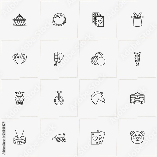 Circus line icon set with horse, circus tent and clown