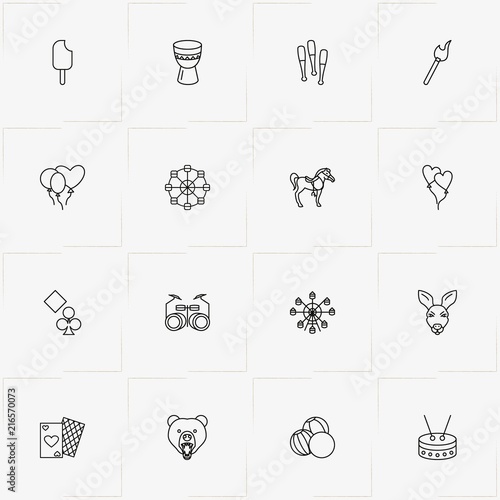 Circus line icon set with circus balls, gymnastic mace and drum