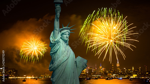 July 4th Independence day fireworks show with skyline over Hudson River photo