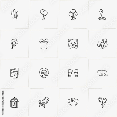 Circus line icon set with drum, gymnastic mace and rabbit in hat