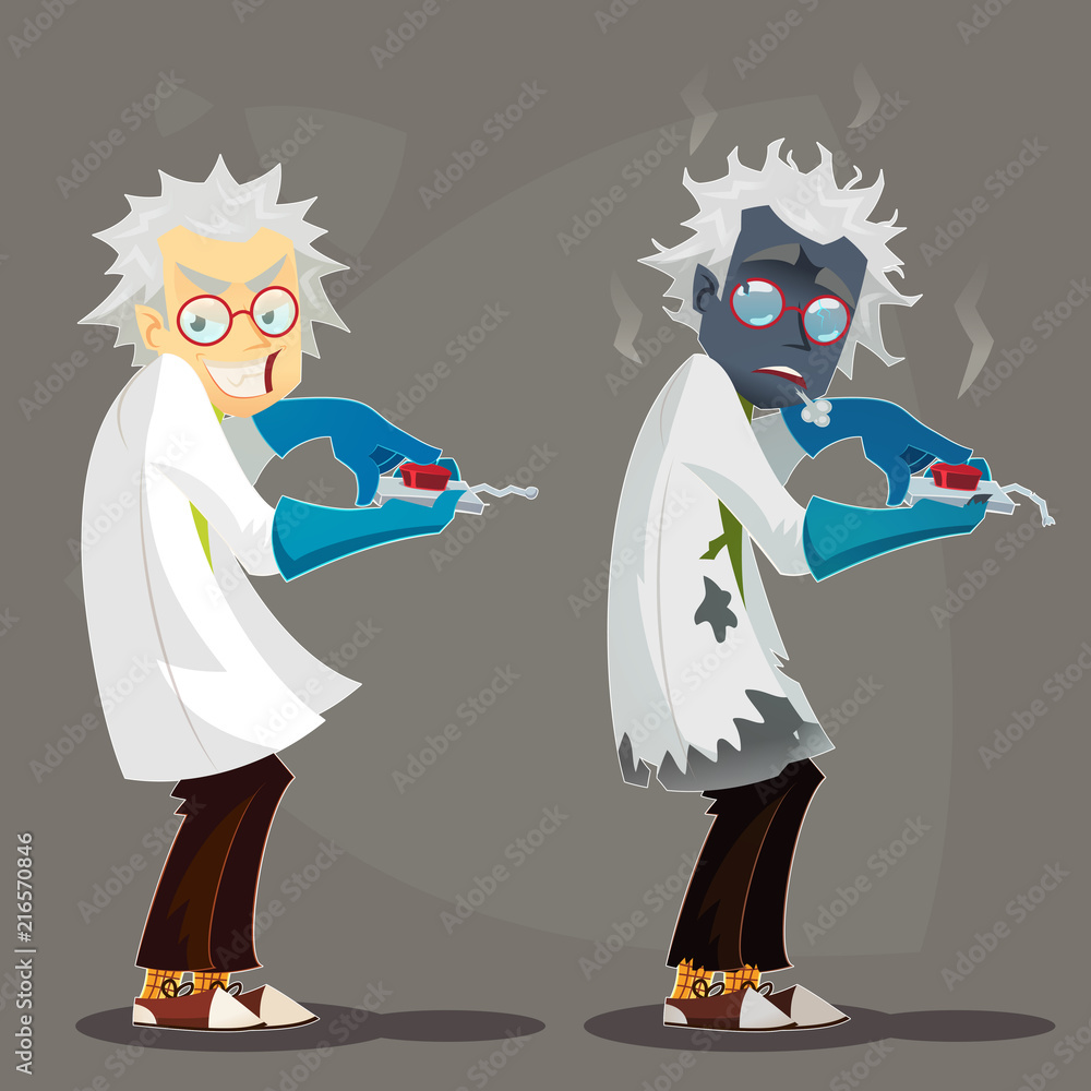 Mad Scientist professor in lab coat and blue rubber gloves. Failed ...