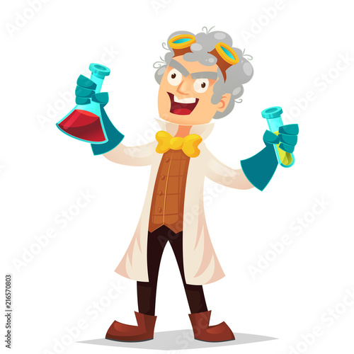 Mad professor in lab coat and rubber gloves holding flasks, cartoon vector illustration isolated on white background. Crazy laughing funny cartoon white-haired scientist, stereotype of scientist.