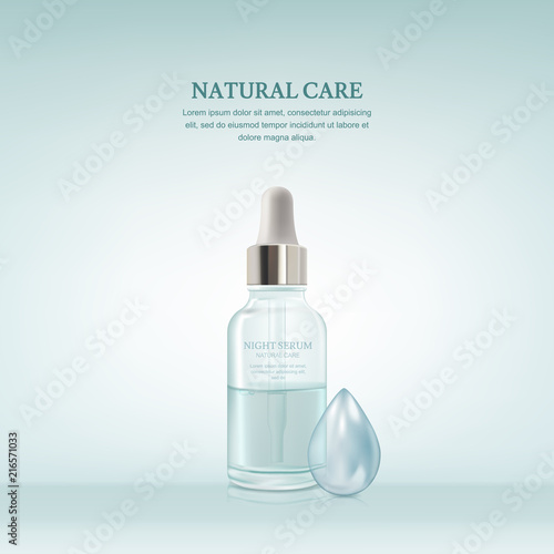 Vector realistic 3d illustration of cosmetic serum in transparent glass bottle. Packaging mockup template.