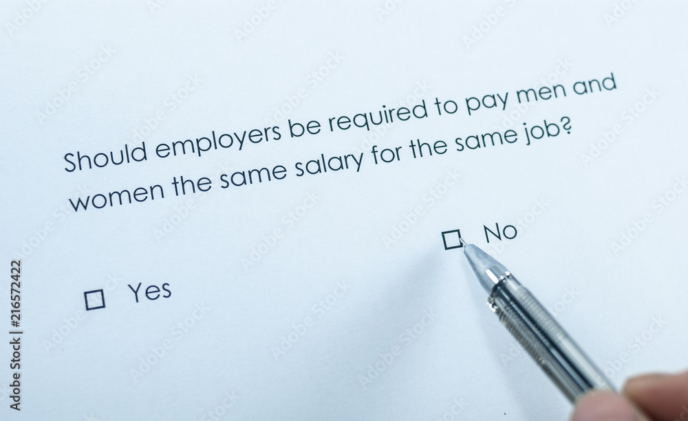 Survey question: Should employers be required to pay men and women the same salary for the same job? Answer: No. Survey question: Should employers be required to pay men and women the same salary for the same job? Answer: No.