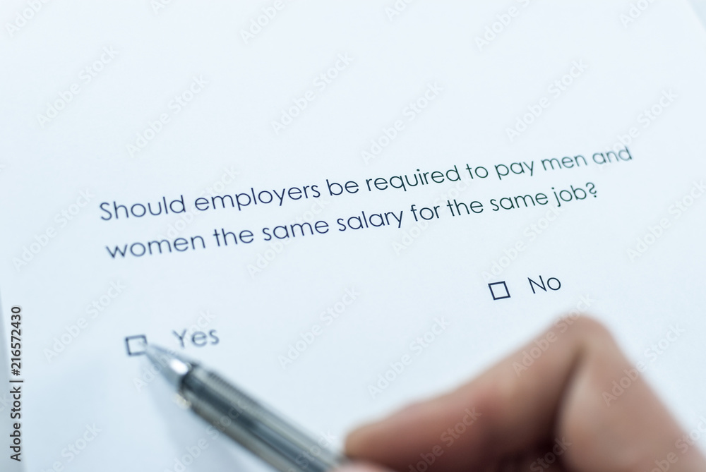 Survey question: Should employers be required to pay men and women the same salary for the same job? Answer: Yes. Survey question: Should employers be required to pay men and women the same salary for the same job? Answer: Yes.
