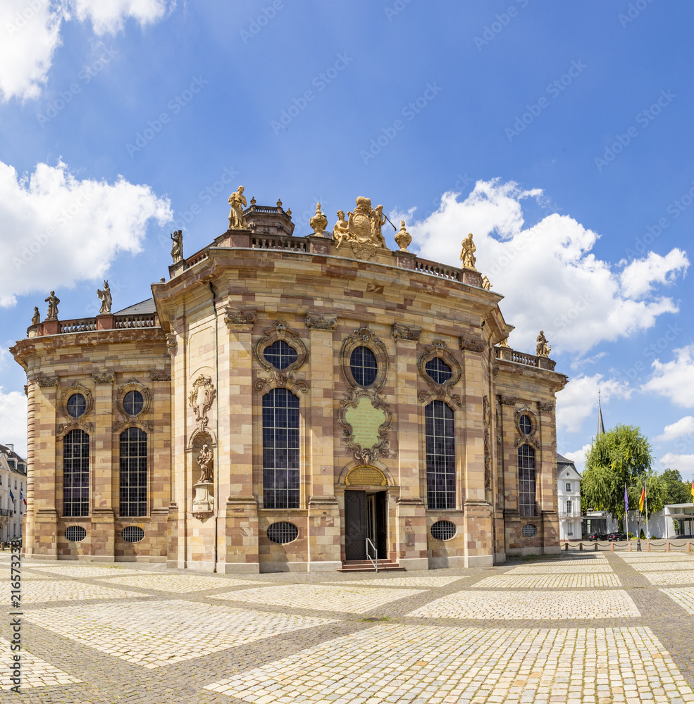 Western facade and tower of Ludwigskirche Church in Saarbrucken, Germany